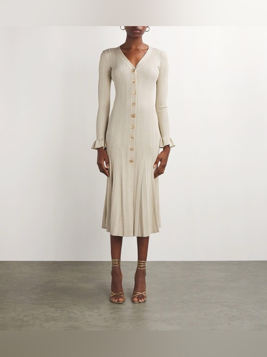 Self-Portrait Dresses & Skirts - Self-Portrait Metallic Ribbed Ruffle-Cuff Midi Dress Size M